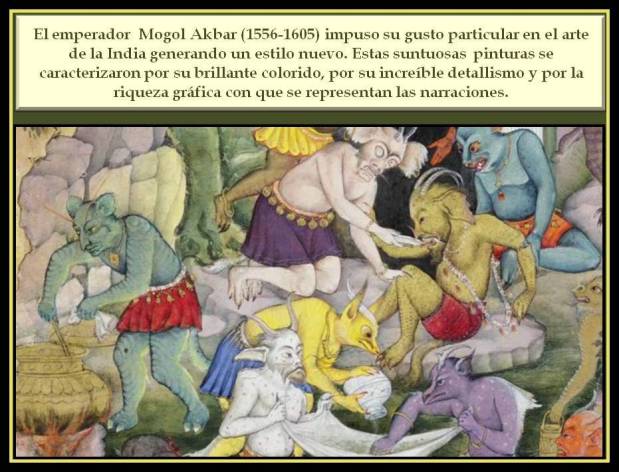 Detalle de pintura del periodo Mogol con escena de demonios.