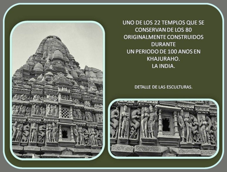 exterior y detalle de la esculturas de la fachada exterior de templo en Khahuraho