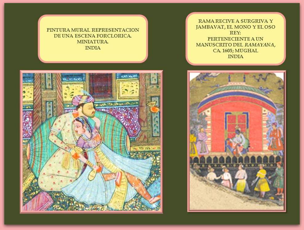 miniatura-india-mostrando-escena-folclorica-y-otra-con-fragmento-de-manuscrito-del-ramayana