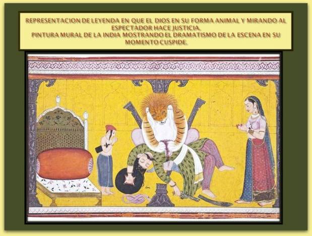 Pintura de la India con representacion de una leyenda con el dios haciendo justicia en su forma animal.