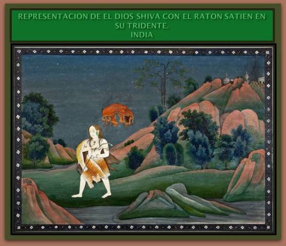 Pintura que muestra al dios Shiva en su forma humana sosteniendo al demonio raton Satien en su tridente.