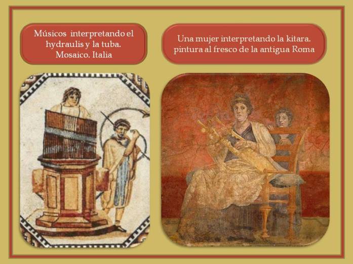 Ilustraciones en mosaicos y pintura de Pompeya con musicos interpretando instrumentos.
