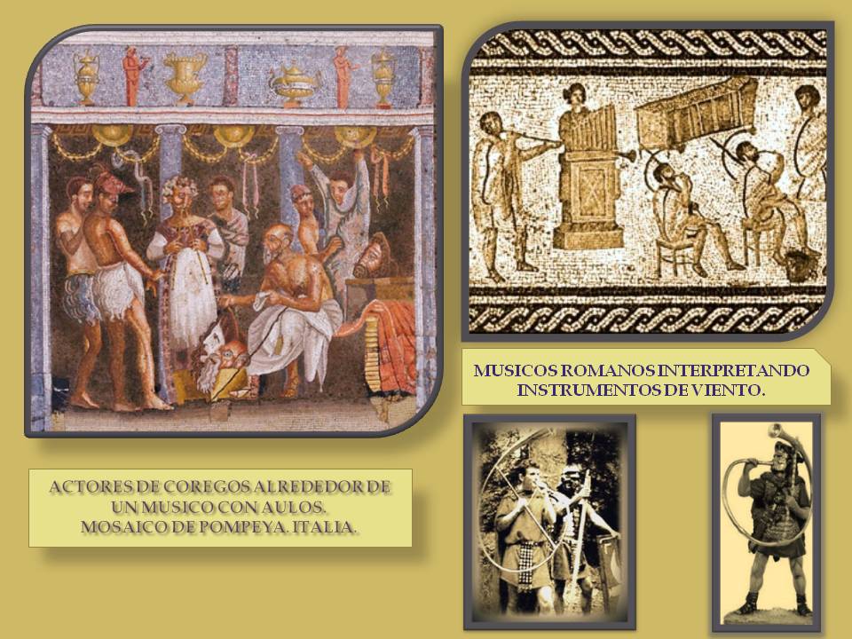 Ilustracion de musicos interpretando instrumentos en Italia en la antiguedad
