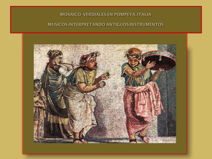 mosaico ilustrando a musicos amenizando en las calles en Italia en la antiguedad.