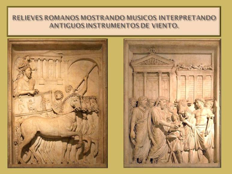 Relieves que muestran musicos interpretando instrumentos en Italia en la antiguedad.