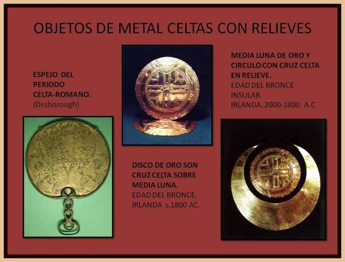 Objetos de metal celtas con relieves decorativos.
